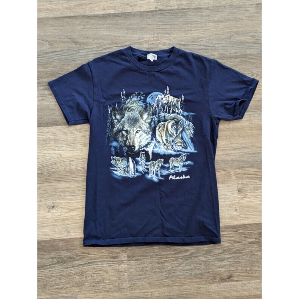 Vintage Y2k Alaska Wolves T Shirt Small Navy Blue Wolf Moon Delta Cotton Tee